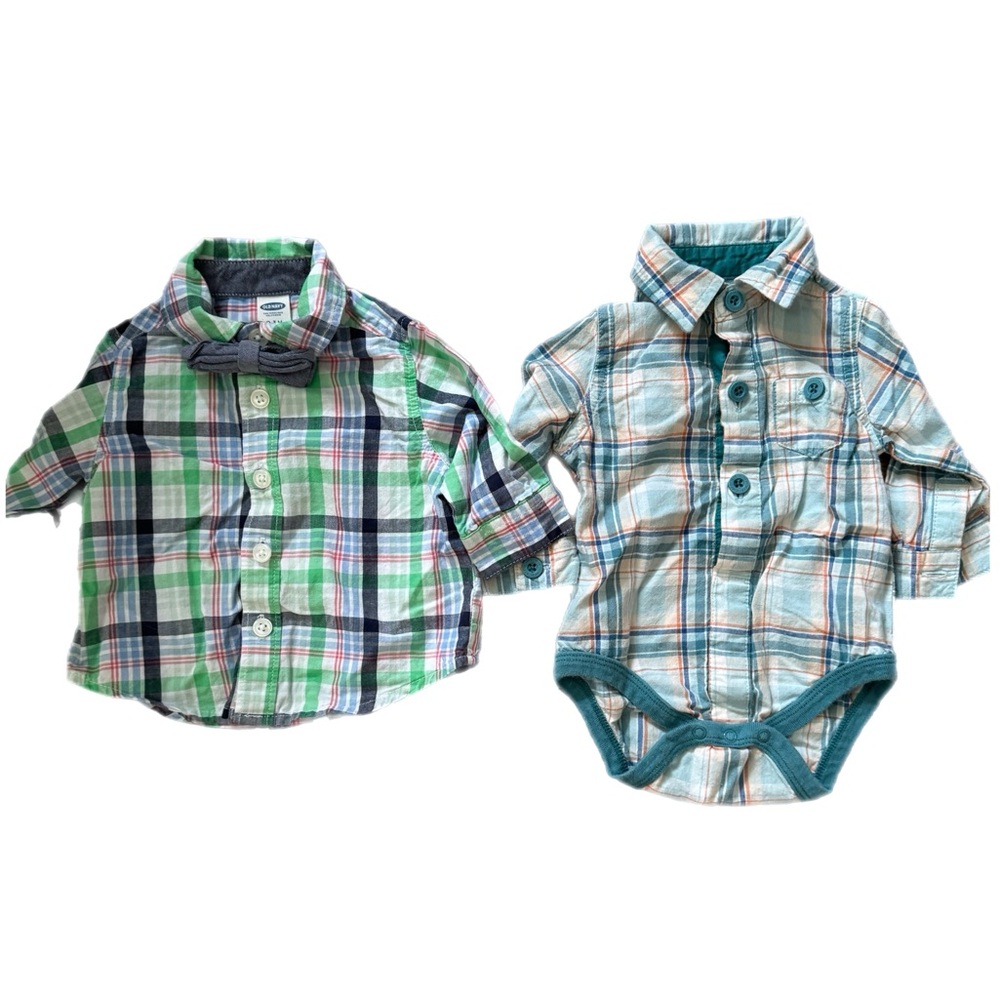 Baby Boy 3m Dress Shirt Bundle Green and Blue Plaid Button Down